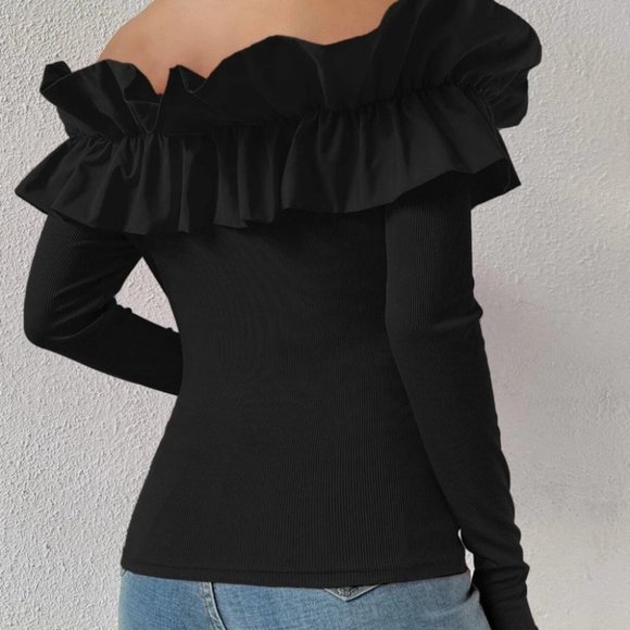 Black Preppy Womens off shoulder blouse top - Picture 2 of 5